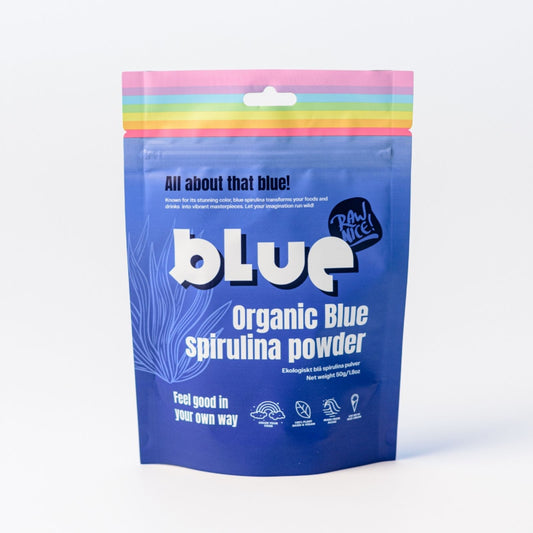 Blue spirulina powder package with colorful top on a white background